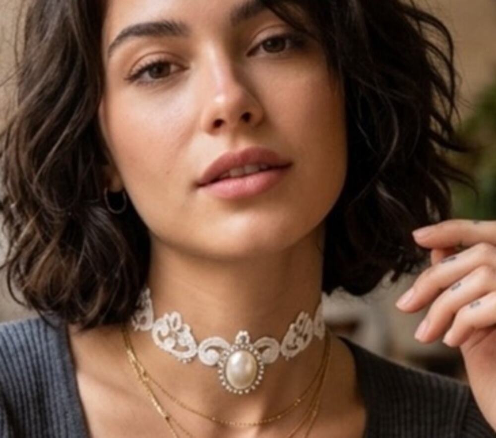 Handmade/Upcycled Victorian Style Choker with Pearl Brooch and McClintock Lace